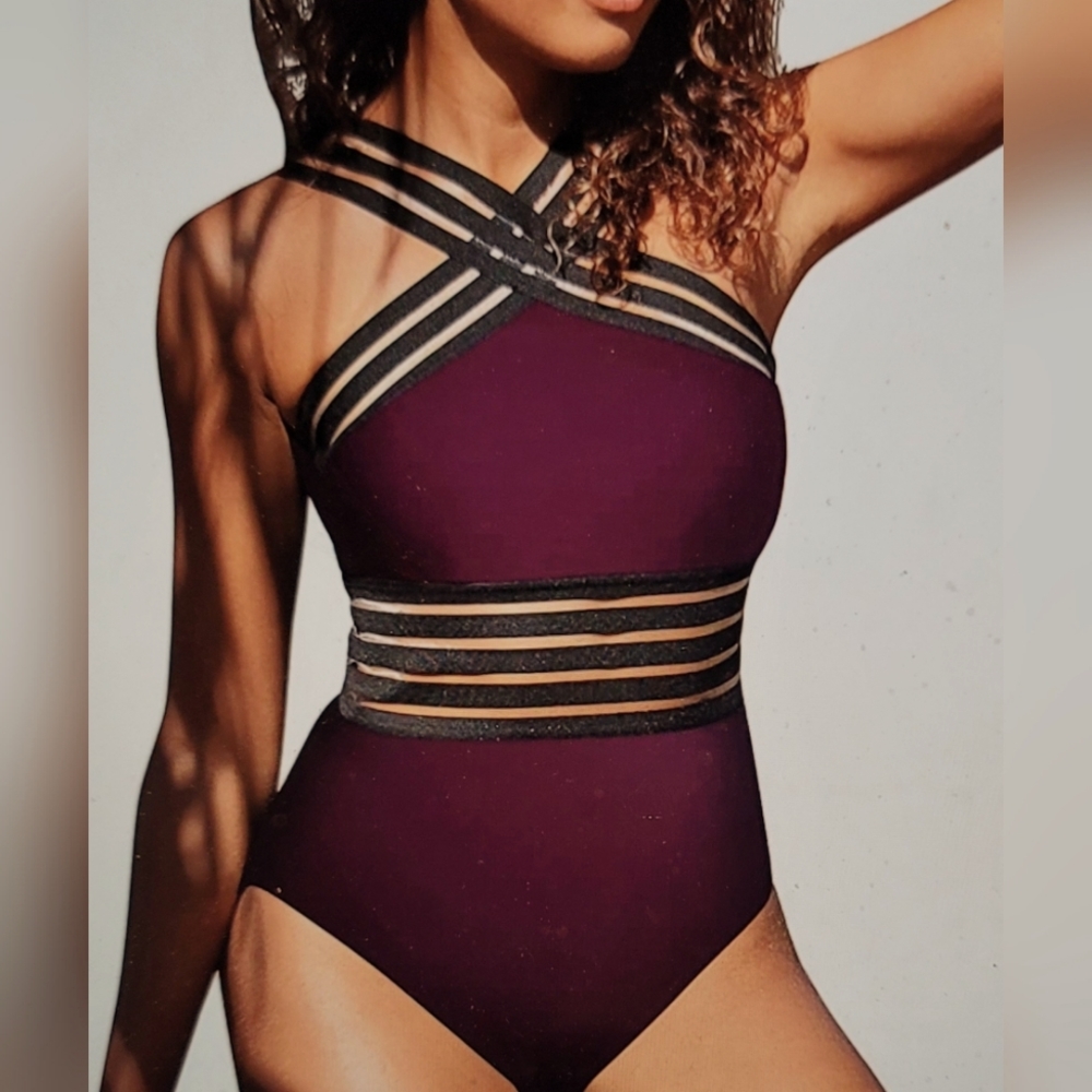 NWT SEXY HIDE AND SEEK PEEK A BOO DETAILED ONE PIECE SWIM MESH BURGUNDY  XL 14